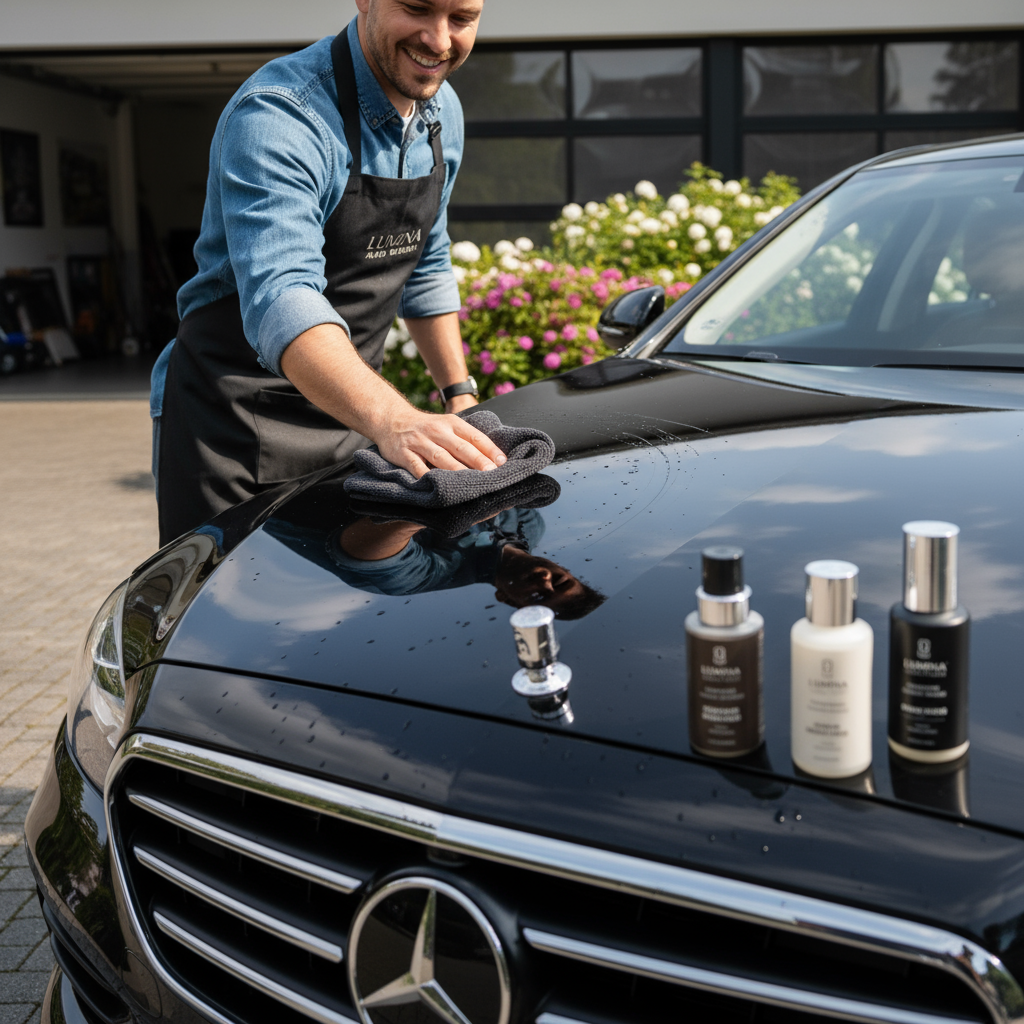 A vibrant and appealing image of a person polishing a shiny, clean car, representing the best in car care.
